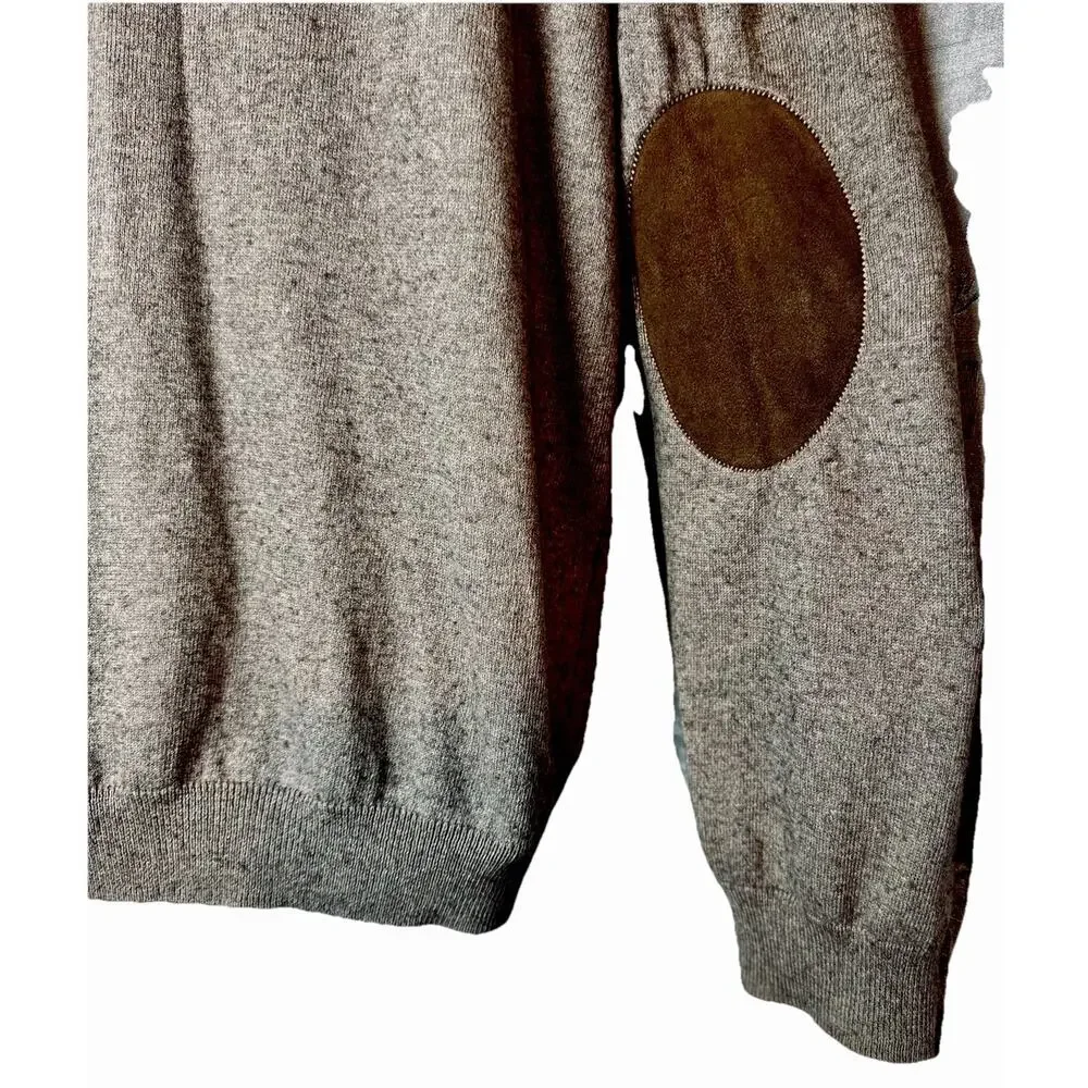 Banana Republic Cotton Cashmere Sweater Men XL Gray Leather Elbow Patch Full Zip